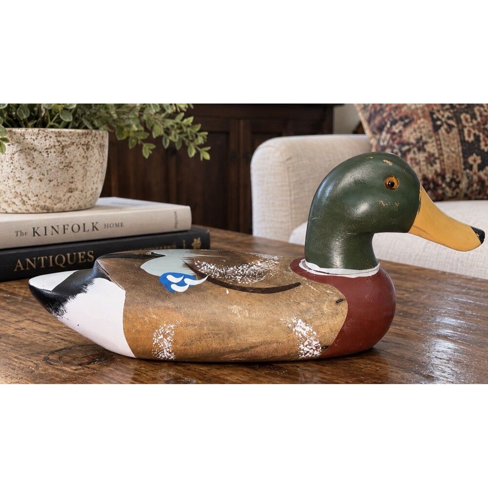 Vintage Emson Wooden Mallard Drake Duck Decoy Amber Glass Eyes